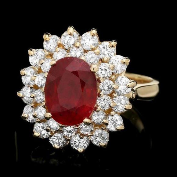 18k Yellow Gold Baguette Red Ruby Round Diamond Criss Cross  4.40Ct Natural Red Ruby & Diamond 14KY Gold Ring